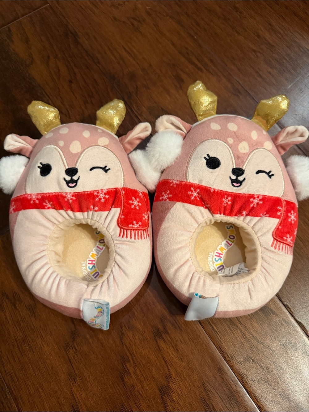 Squishmallows Pink Deer Kids Slippers with Gold Antlers and Red Scarves